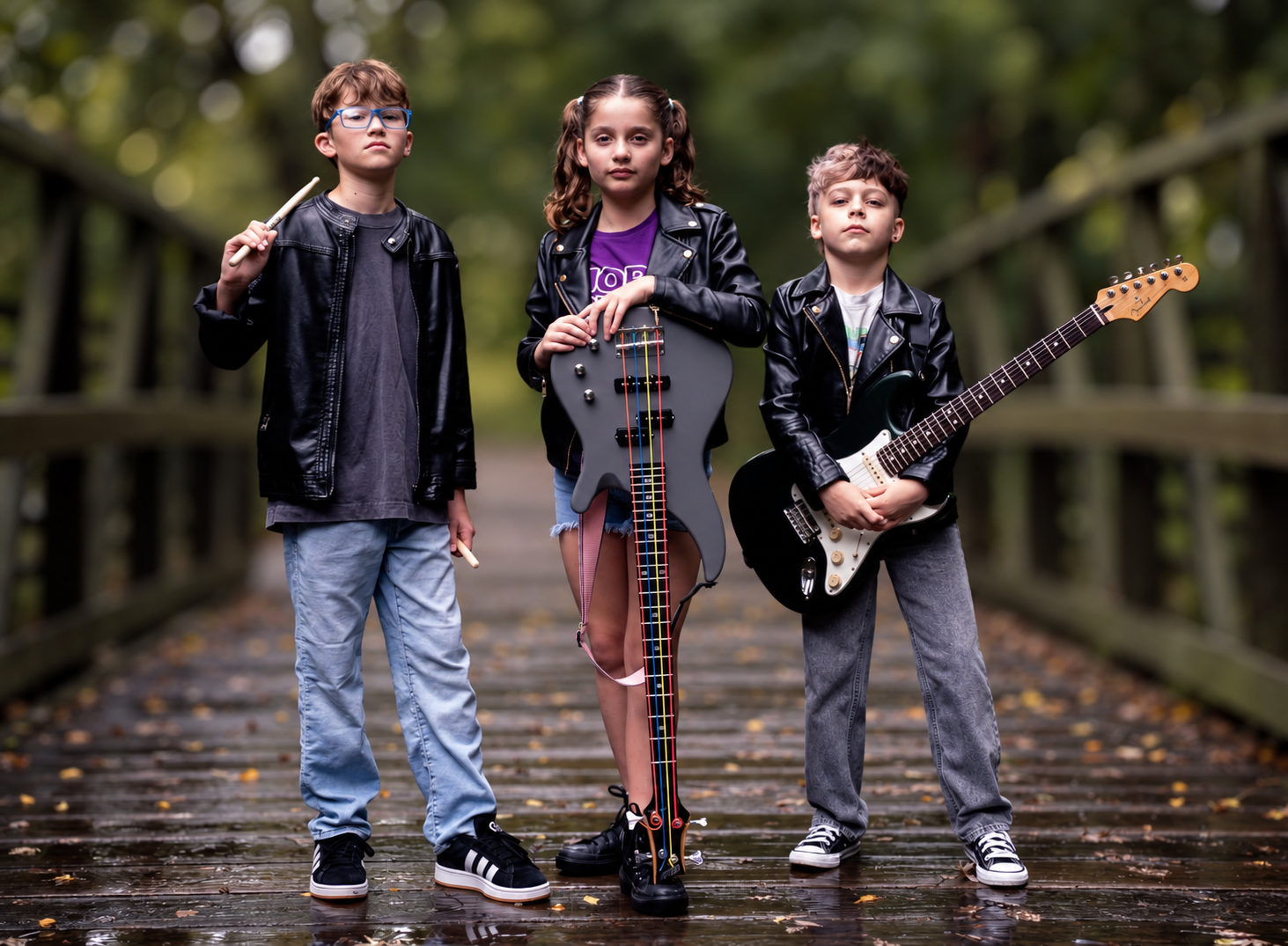 The three members of Days Run Sideways on a wooden bridge with drumsticks, bass, and guitar.