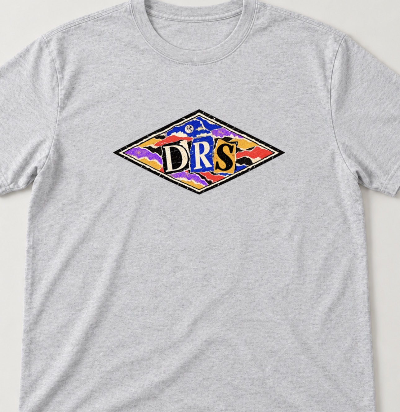 Light gray T-shirt with the colorful DRS diamond design.
