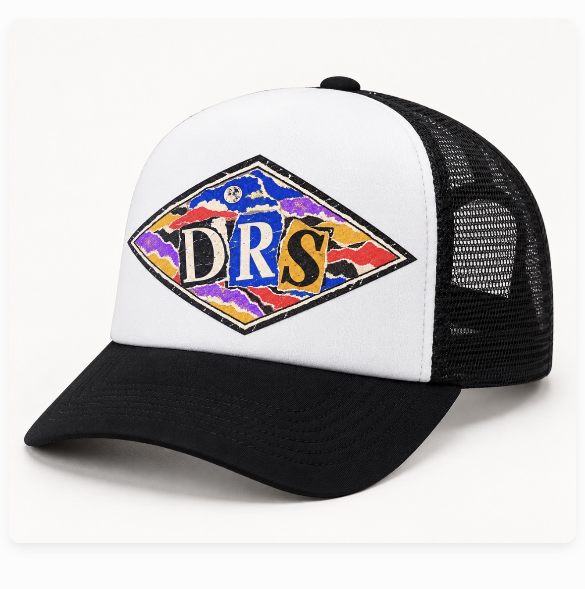 Black-and-white trucker hat with the colorful DRS diamond design.